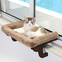 Zakkart Cat Perch for Windowsill with Bolsters – Essentials for Cats - Dark Stained Wood with Brown Bed / 24''L x 15''W