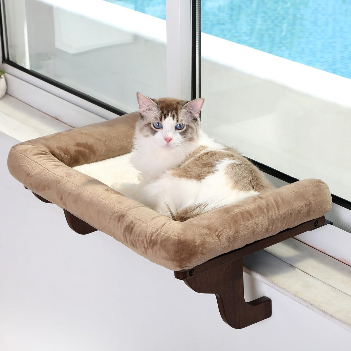 Zakkart Cat Perch for Windowsill with Bolsters – Essentials for Cats - Dark Stained Wood with Brown Bed / 24''L x 15''W