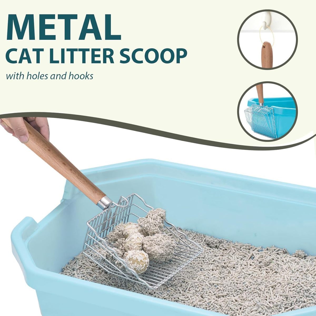 Cat Litter Scoop, Stainless Steel Kitty Metal Scooper with Hook and Hole – Daily Care for Cats - 9.8"Handle - image 2