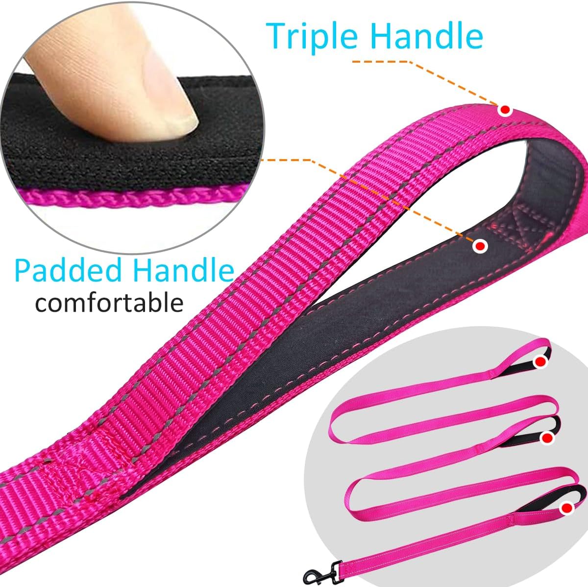3 Handle Dog Leash 10FT Triple Handle Reflective Large Medium Dogs – Essentials for Dogs - Pink - image 3