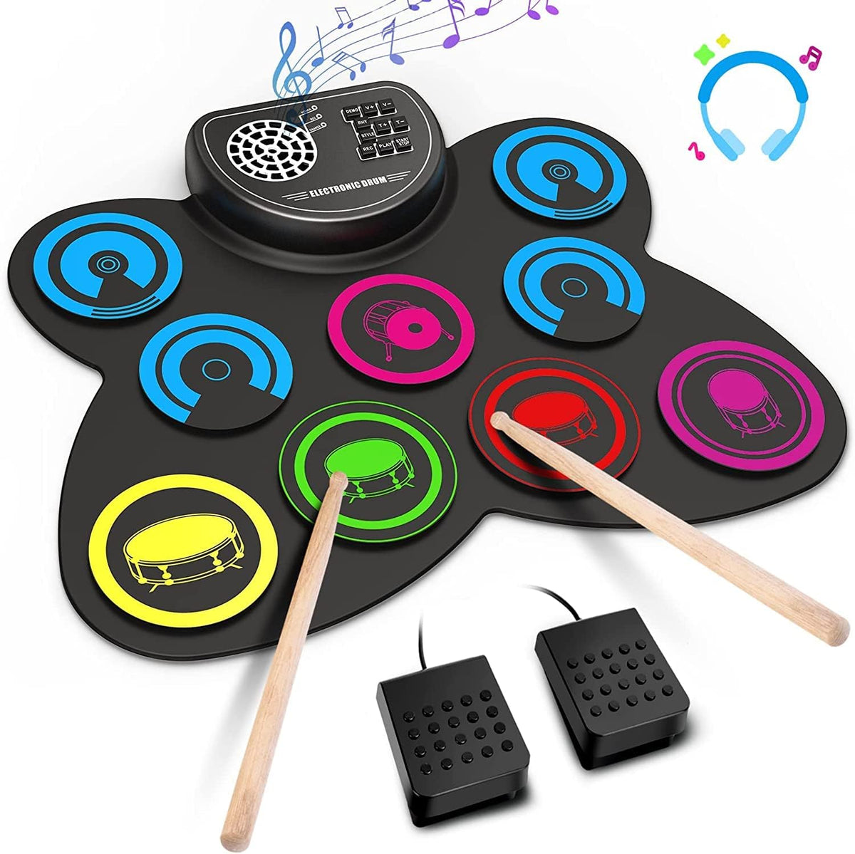 Electric Drum Set, 9 Drum Practice Pad - multi-colored