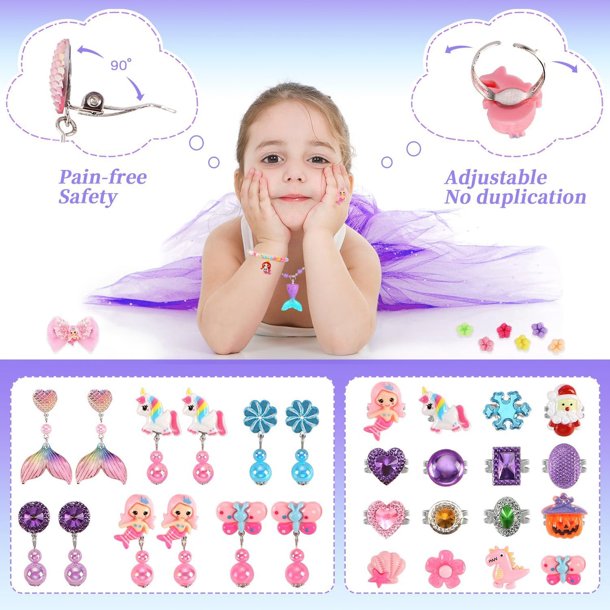 Drabac kids jewelry set with clip-on earrings, rings and necklaces in a purple organizer box - view 6