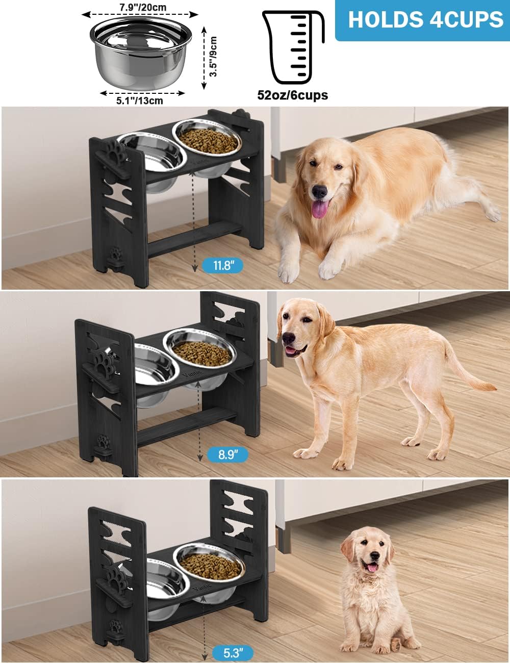 Elevated Dog Bowls, Raised Dog Bowl Stand Adjustable Small - Black / Large / Without Mat - image 2