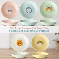 Ceramic Cat Bowls Set - 5.7 inch Wide Cat Food Bowls Whisker Fatigue Friendly, 5 Colorful Kitten - Cute Pattern - image 2
