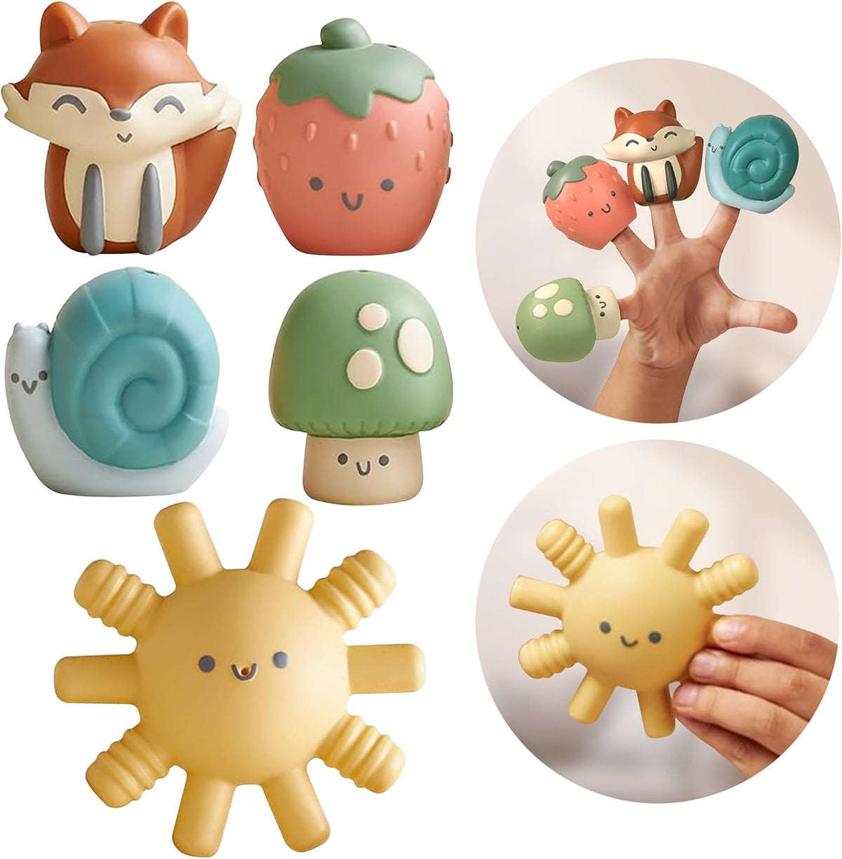 Itzy Ritzy 5-piece finger puppet bath toy set with fox, snail, sun and more