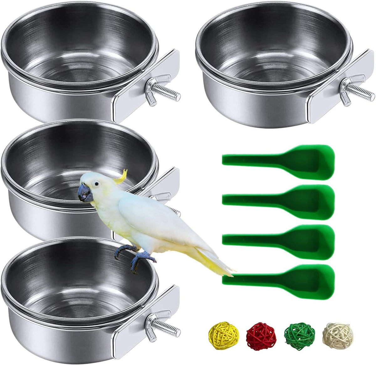 Parrot Feeding Dish Cups,Stainless Steel Bird Food Water Bowl Parakeet Feeder Birds Cage Ball Toys - 【4 PCS】 / 【L:5.5x2.0 Inches】