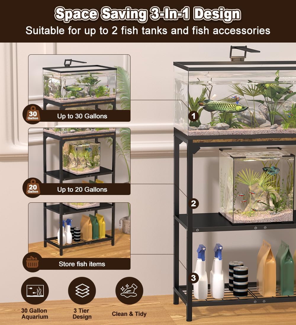 20-30 Gallon Aquarium Stand with 3-Tier Adjustable Storage Shelf – Essentials for Fish - 30 Gal Black - image 3