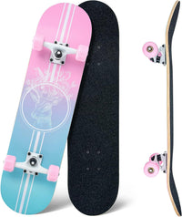 Skateboard,31 x 8 Inch Complete Skateboard, 8-Layer Maple Wood Deck Double Kick Standard - pink