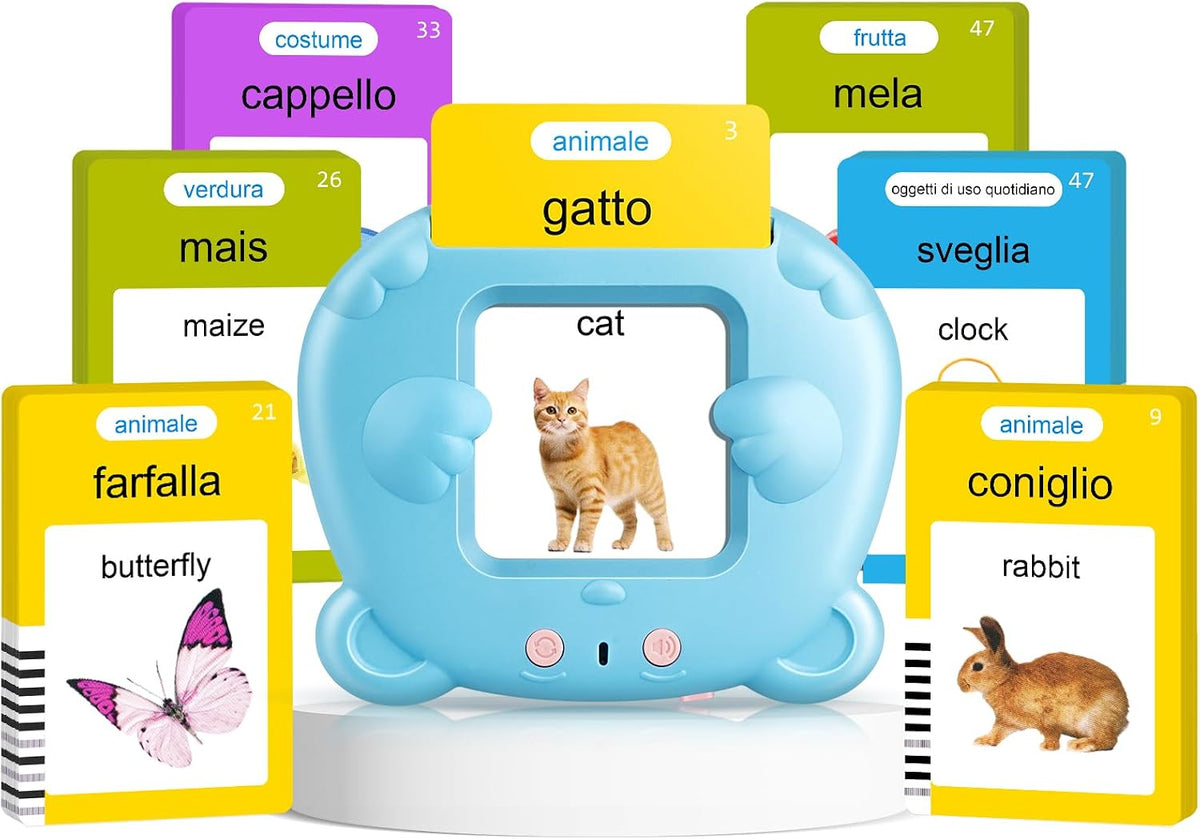 Spanish & English Talking Flash Cards for Toddler - Blue / Italian & English (224 Words)