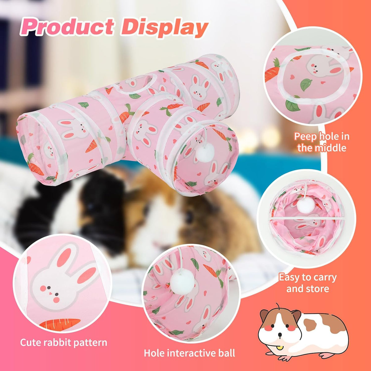 Guinea Pig Tunnel Hideout 3-Way Collapsible Small Pet Tubes - Pink - image 3