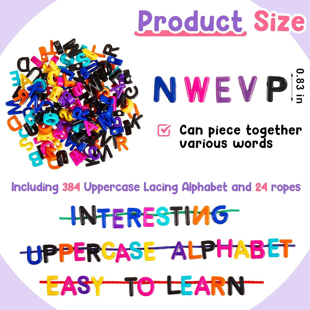 Wesiti alphabet lacing beads with uppercase and lowercase letters, ropes and buckets - view 13