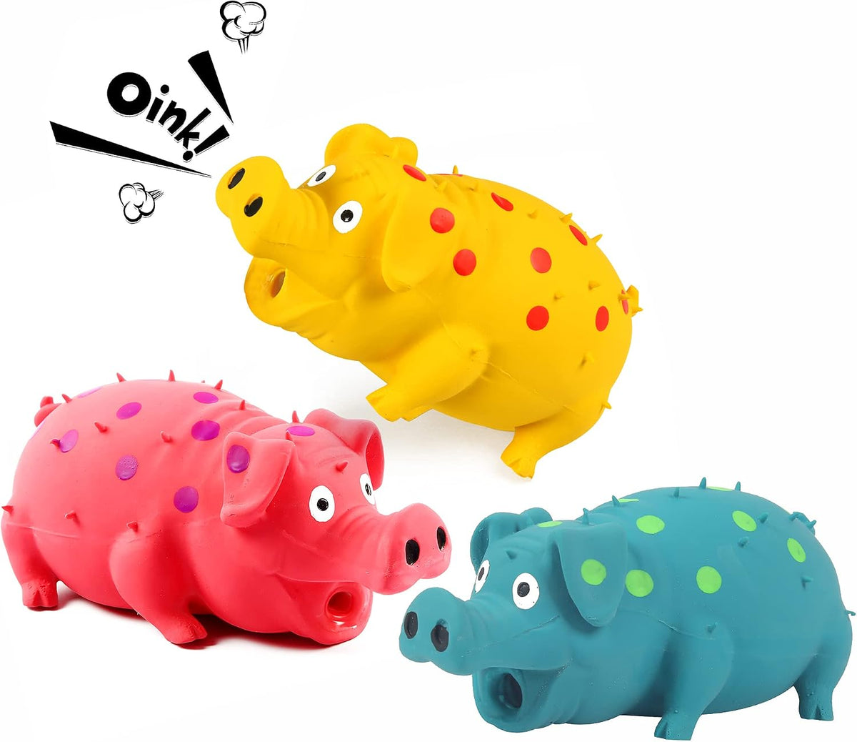 3-Pack Squeaky Pig Dog Toys - Pink, Yellow, Blue