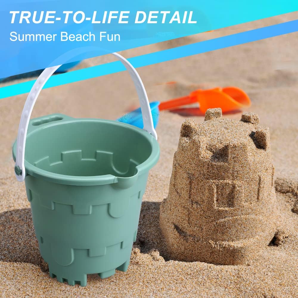 Anzmtosn castle sand buckets 3 pack, 7 inch green and blue beach pails with handles - view 11