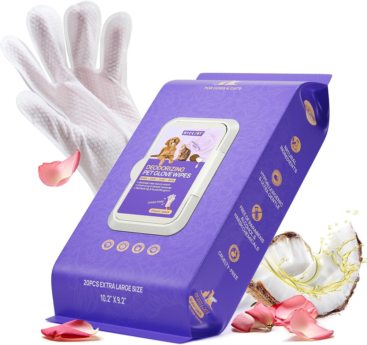 HICC PET Dog Wipes for Dogs & Cats, Glove Design - Rose Scent / 20 PCS