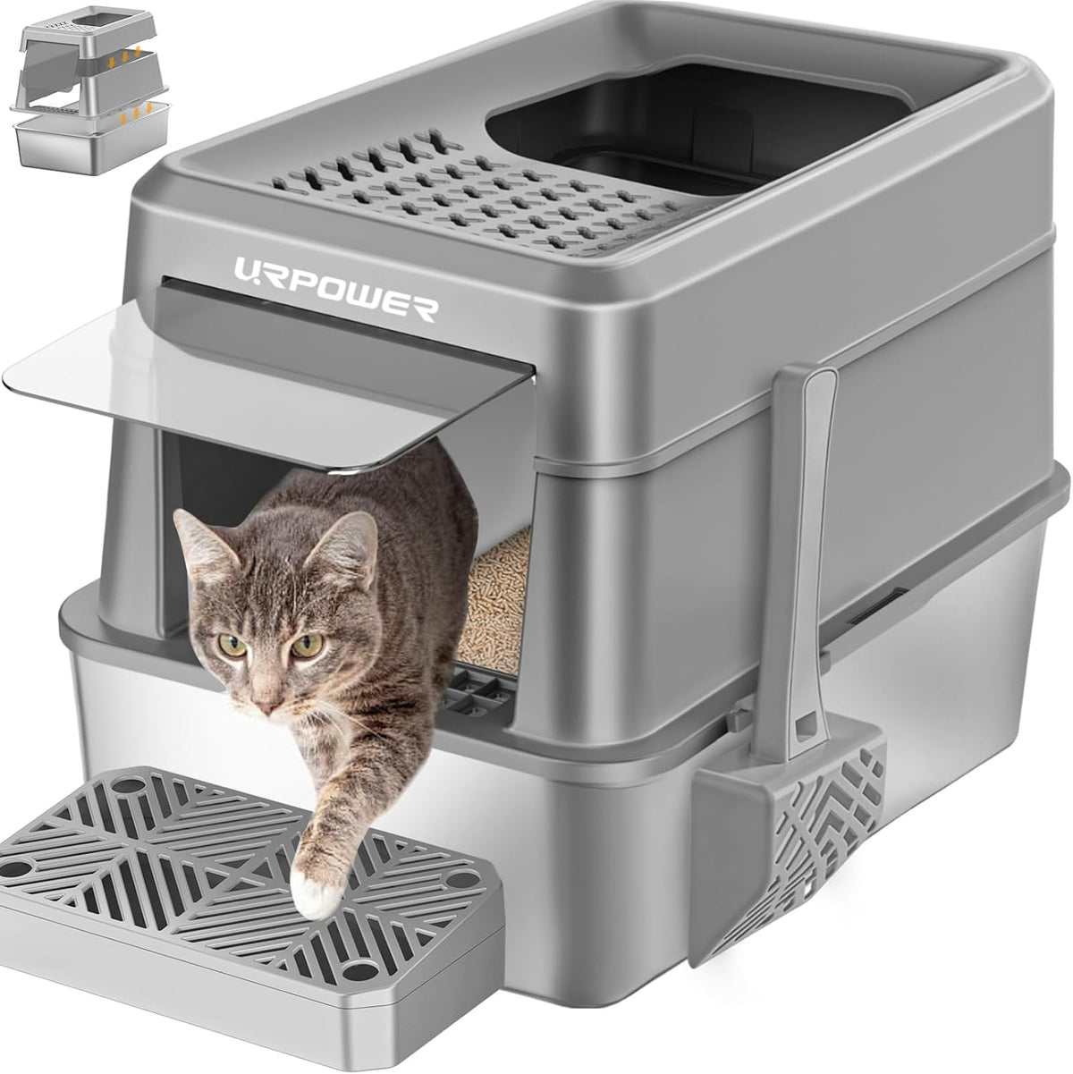 URPOWER Extra Large Stainless Steel Litter Box with Lid for Large Cats – Daily Care for Cats - Gray