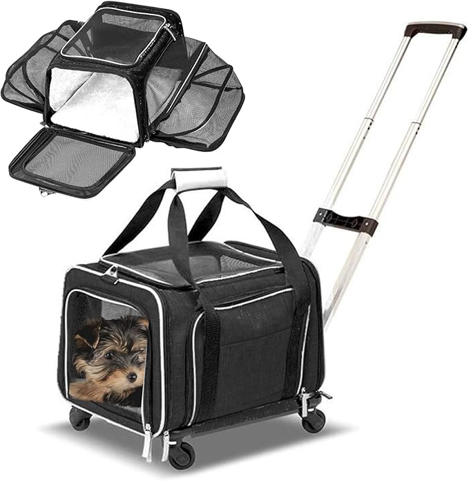 Airline Approved Expandable Premium Pet Carrier on Wheels- Two Sided Rolling Carrier- Designed for Dogs & Cats- Extra Spacious Soft Lined Carrier! (Black) (RL-PET-CARRIER-WHEELS)