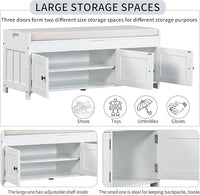 Storage Bench with 3 Shutter-Shaped Doors, Pine Wood Shoe Bench with Removable Cushion and Hidden Storage Space for Living Room, Entryway 43.5" L x 16" W x 18" H (White)