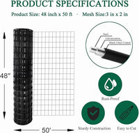 Black PVC Coated Welded Wire Fence 48 Inch x 50 Foot, 2 Inch x 3 Inch 16GA, Garden Border Fencing Roll Vinyl Coating Metal Wire Mesh for Yard Vegetable Plant Protection Poultry Netting