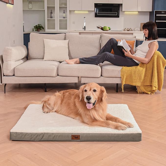 Dog Crate Bed Washable Dog Beds for Large Dogs, Big Waterproof Orthopedic Pet Bed with Egg Crate Foam Pet Mat, Removable Oxford Cooling Cover, Khaki White