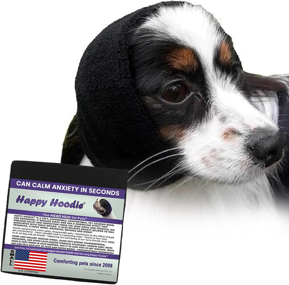 Happy Hoodie The Original Dog & Cat Calming Band for Noise & Anxiety - Small / Black