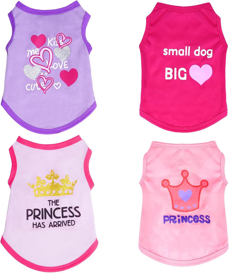 4Pack Dog Shirts Summer Printed Puppy Clothes Sleeveless for Dogs - Lovely Pattern for Girl / Large