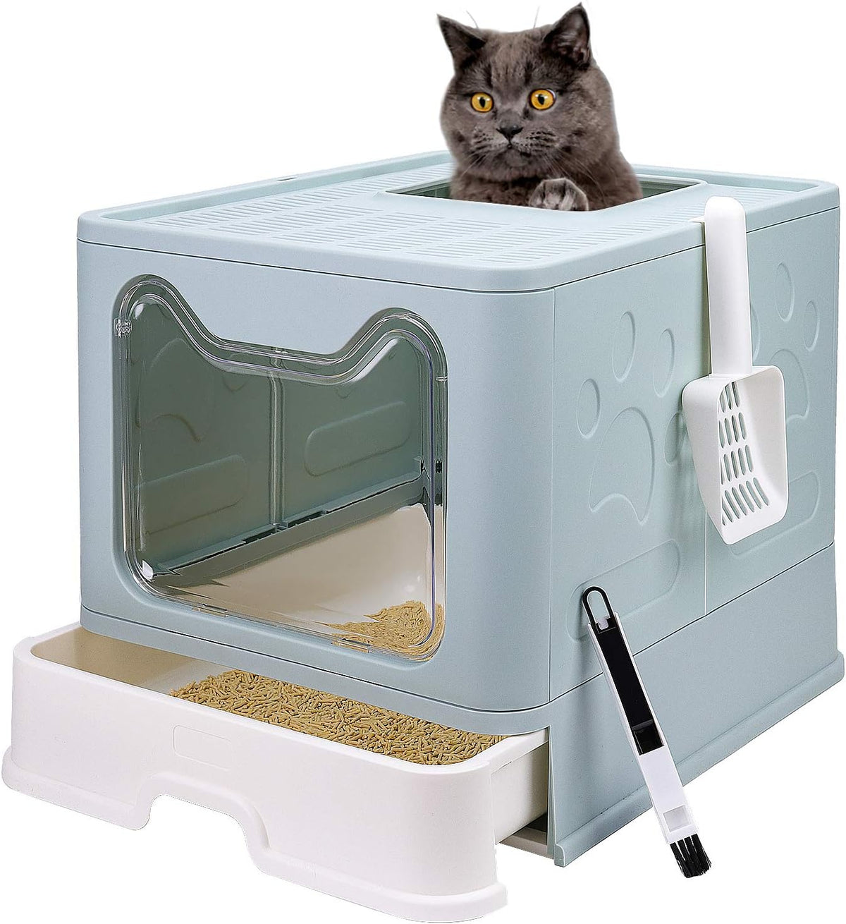 XL Foldable Cat Litter Box with Lid, Jumbo Enclosed Potty - Blue / Large
