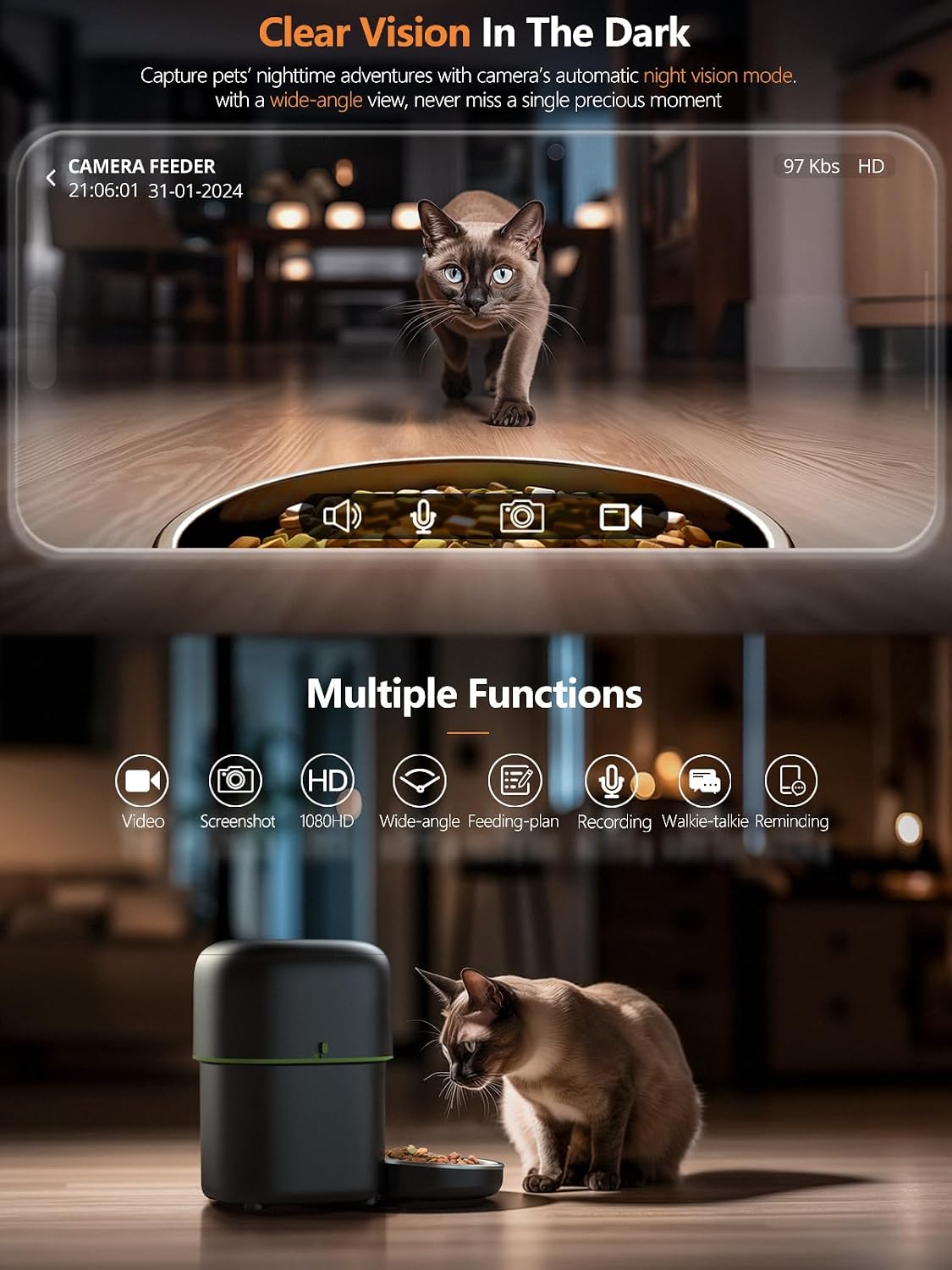 Automatic Cat Feeder, Over 180-day Battery Life - 2L-Black / WiFi & Camera - image 4