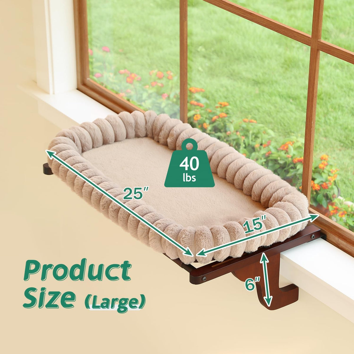 Zakkart SnugCloud Cat Perch for Windowsill – Essentials for Cats - Dark Stained Wood w/ Brown Bed / Large (25"x15") - image 3