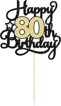 1Pc Happy 80th Birthday Cake Topper Black Gold Glitter Cheers to 80 - 80th - image 3