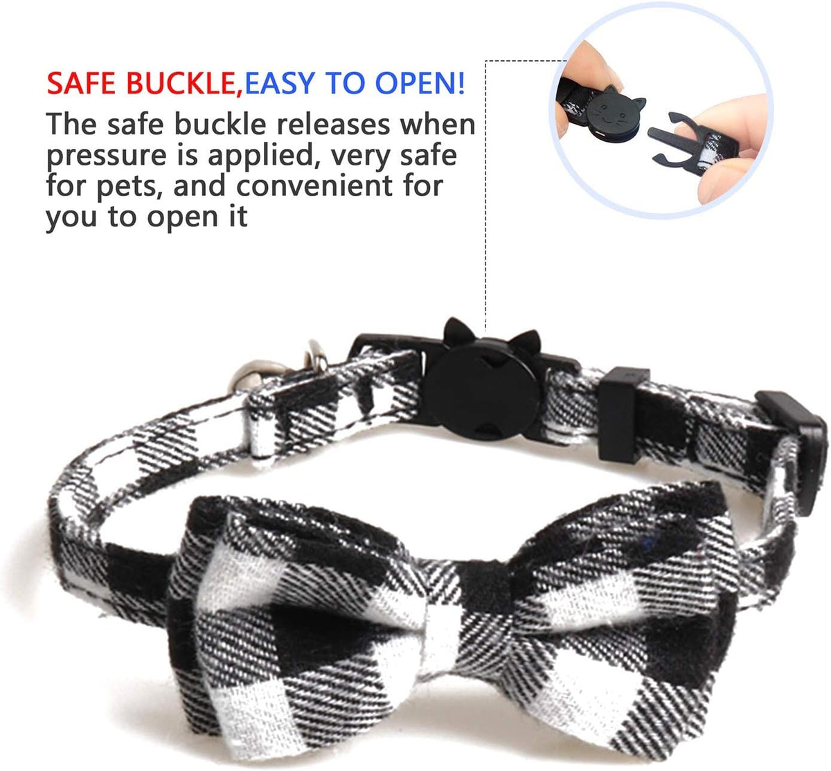 2 Pack/Set Cat Collar Breakaway with Cute Bow Tie and Bell for Kitty - Black+Pink / Plaid - image 4