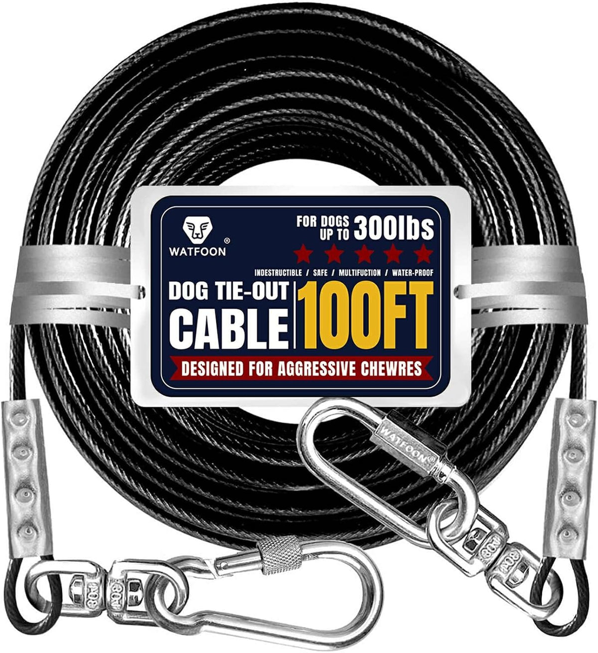 Tie Out Cable for Dogs Up to 300lbs - 300lbs 100ft / 100ft Reflector Black