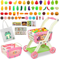 Ming You 2-in-1 Kids Shopping Cart Toy with Pretend Play Foods - Pink