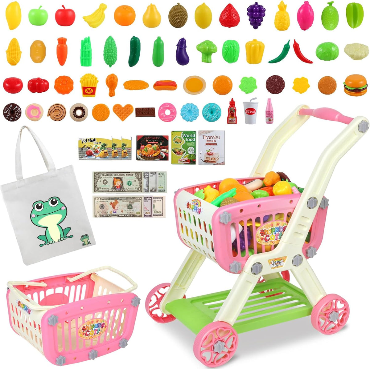 Ming You 2-in-1 Kids Shopping Cart Toy with Pretend Play Foods - Pink