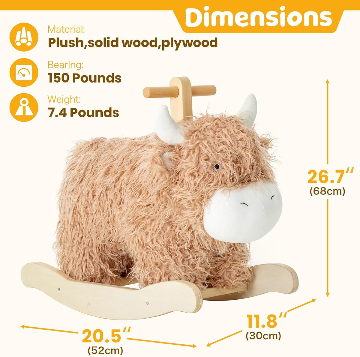 Jolie Vallee baby rocking horse shaped like a plush yak on a solid wood rocker with handles - view 2