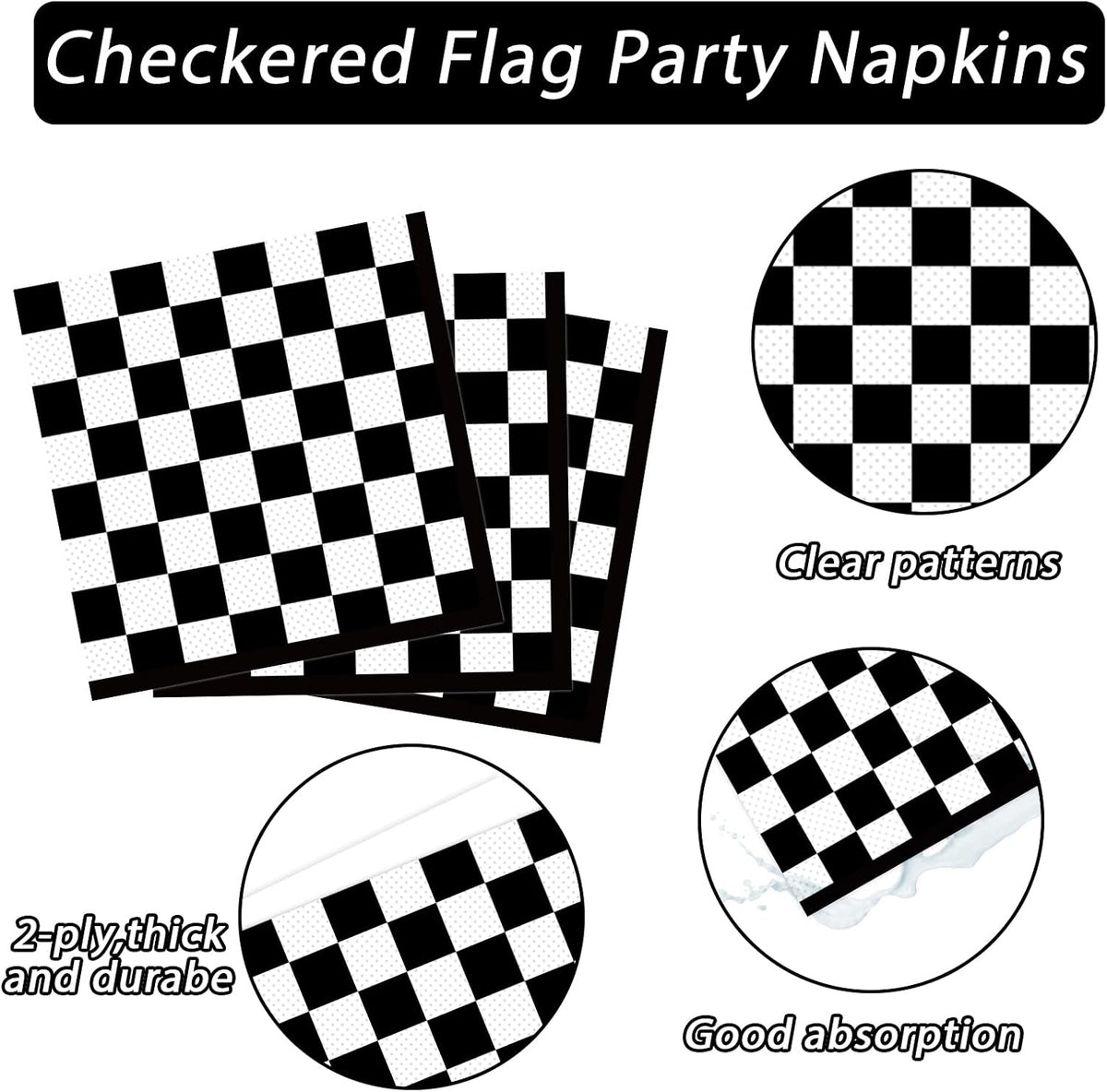 100 Pack Black and White Checkered Flag Party Napkins Disposable Race - 50 / Black and White Checkered - image 3
