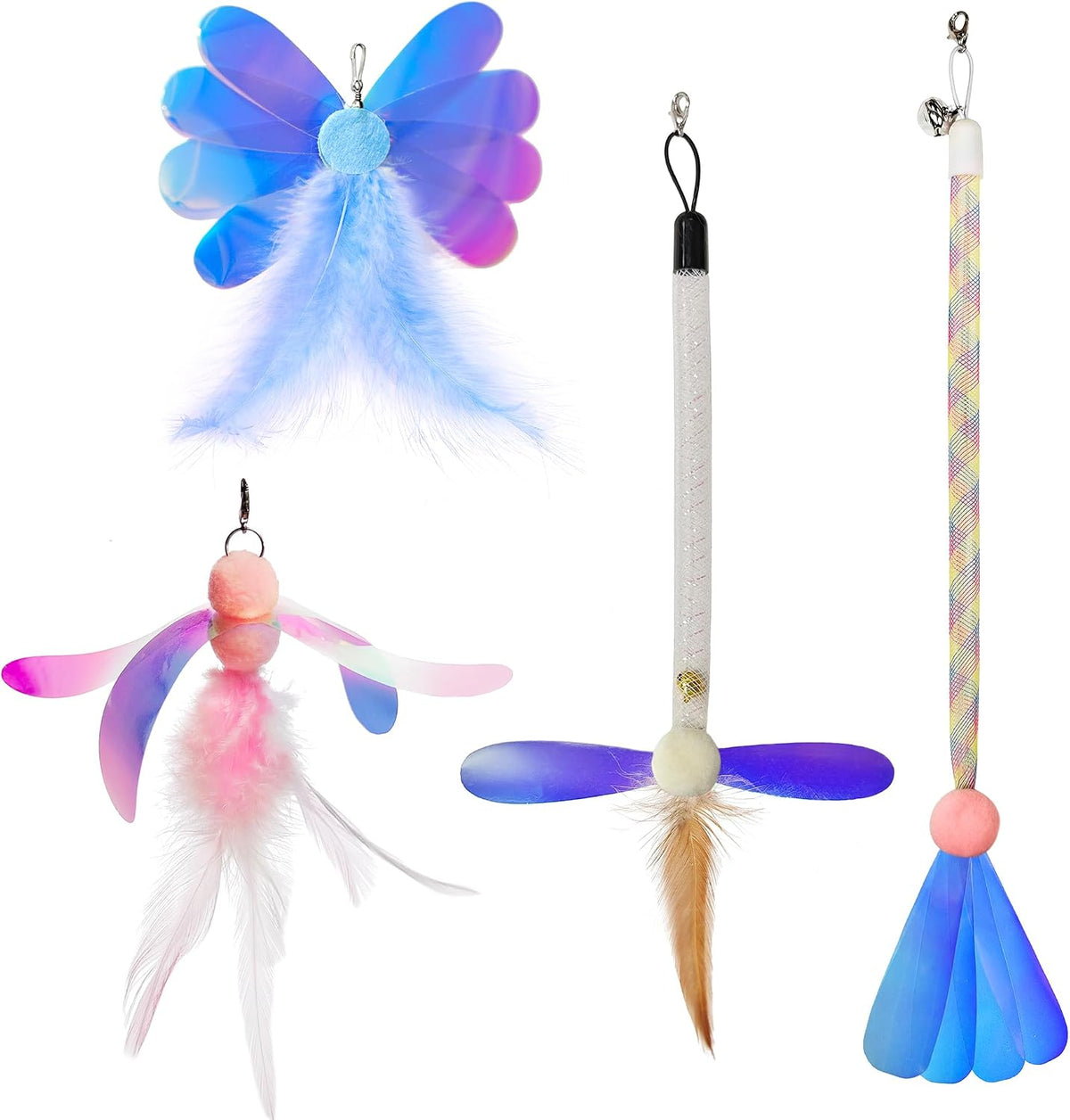 JXFUKAL Cat Toys - 2 in 1 Spring Cat Wand Toy with 2PCS Ultra-Long Cat Teaser, 4PCS Spring Steel - 4PCS REFILLS