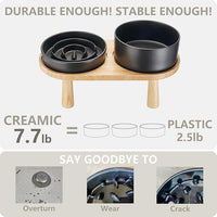 Ceramic Slow Feeder and Water Bowl Set for Medium and Large Dogs, Ceramic Dog Bowls Elevated with Wooden Stand, 2.0 Cups Dog Slow Feeder(30oz) and 70oz Water Bowl Set, Black