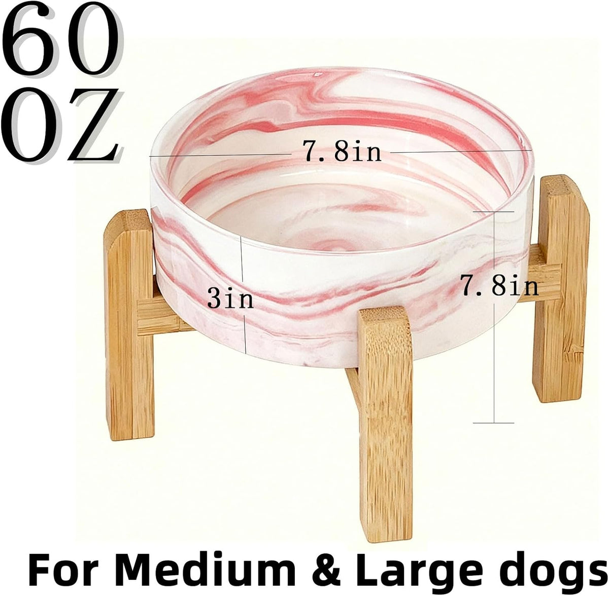 Elevated/Raised Ceramic Dog Bowl with Bamboo Stand，6 Inch 3.6 Cups - Marble Pink / Large - image 3