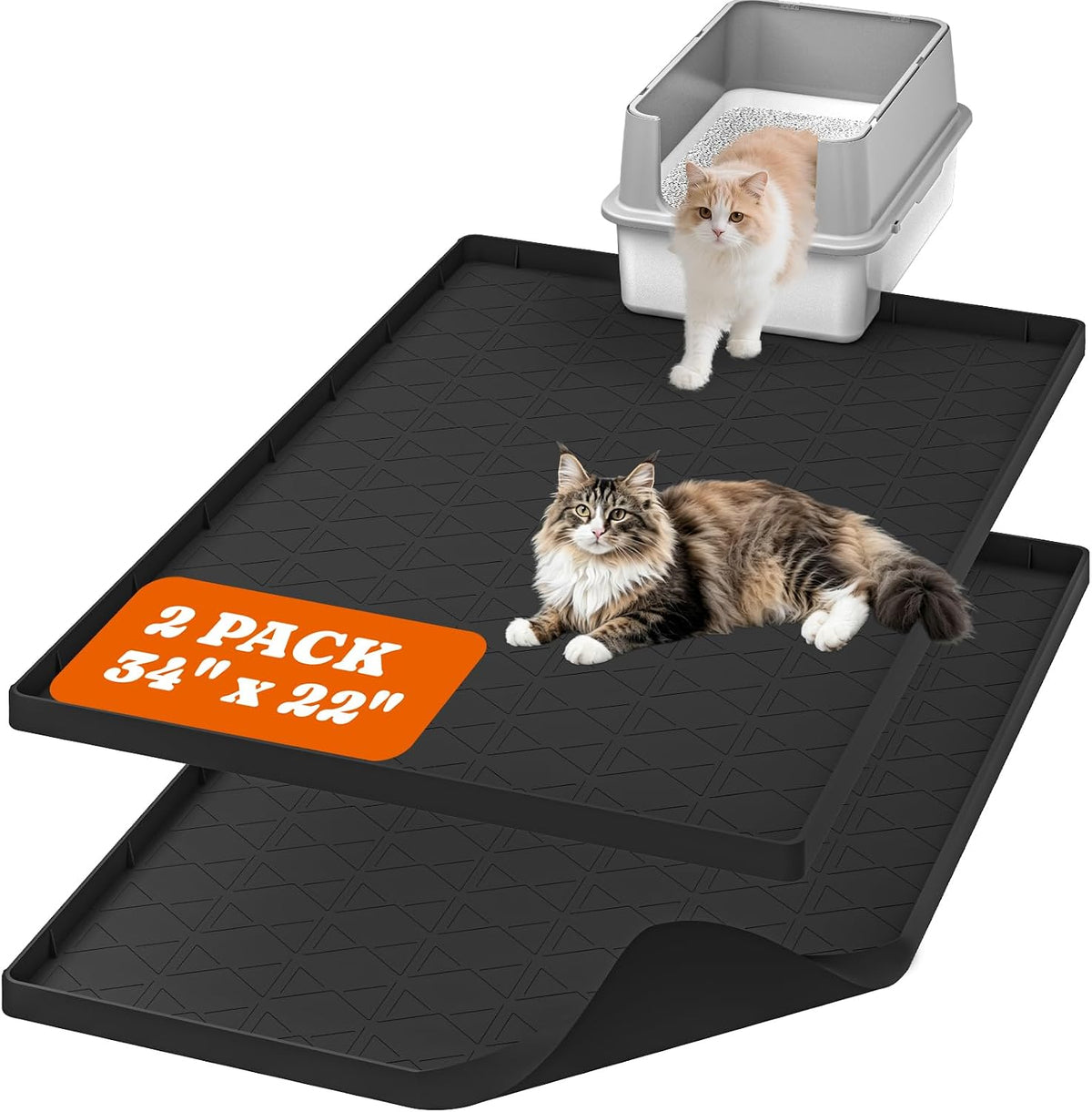 2 Pack Silicone Cat Litter Mat 34 x 22 in, Easy to Clean - Black / 2 Pack