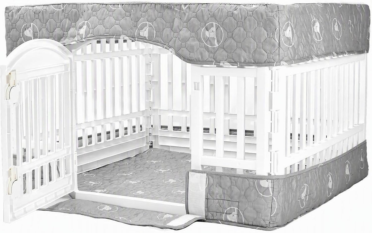 PJYuCien Playpen Top Cover for 36'' Width 4 Panel Pen, Black Paw – Essentials for Dogs - Fits Plastic 4 Panels Playpen / Bottom Cover Set, 36"Width, Gray White ( Adhesive Tape Connections )