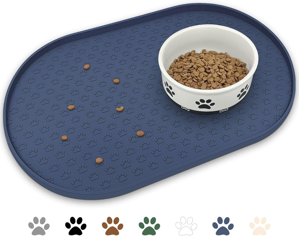 Dog Food Mat Spill-Proof Silicone Dog Bowl Mat Raised Edge Pet - Navy Blue / 19"L x 12"W