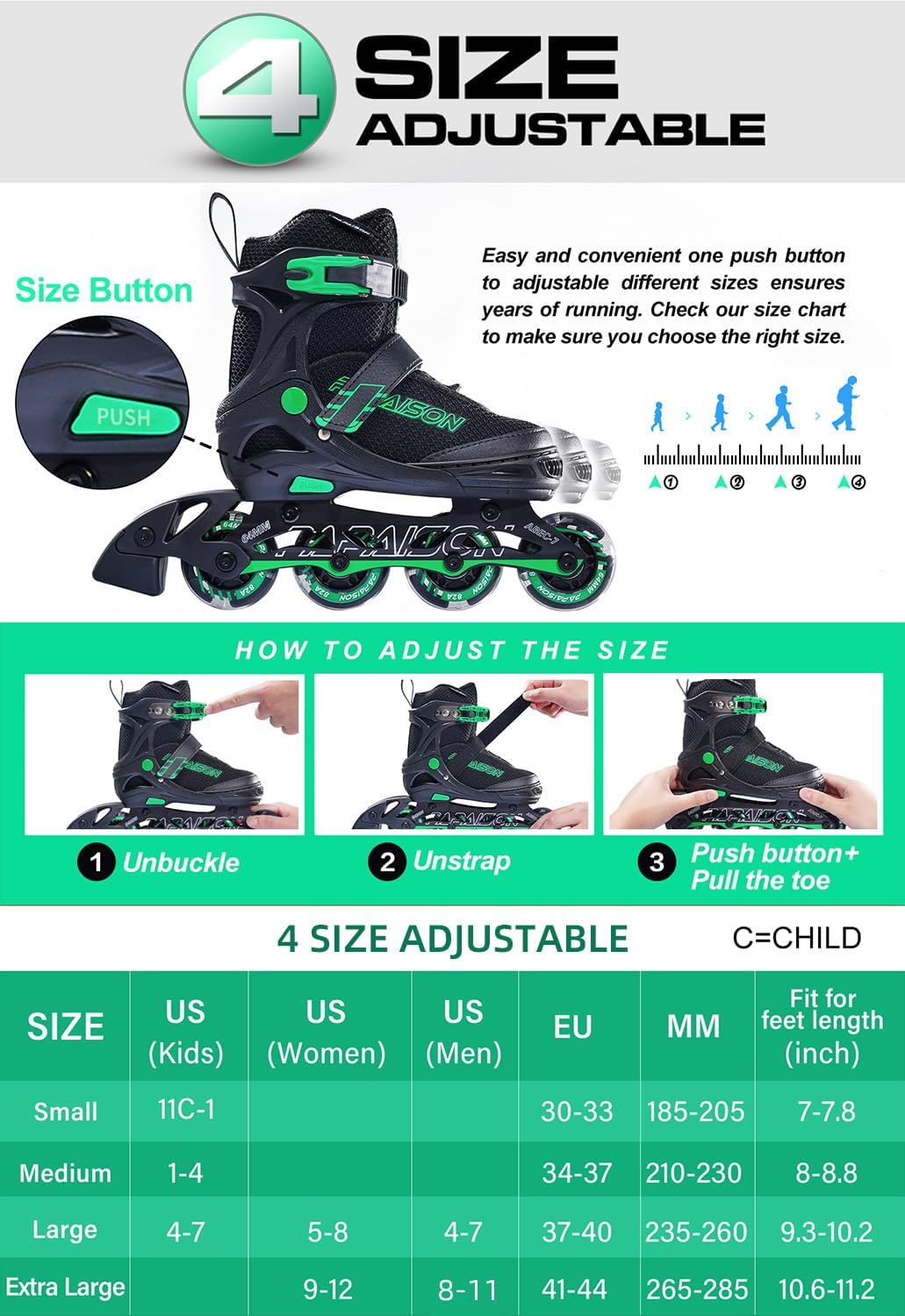 PAPAISON Adjustable Inline Skates for Kids and Adults with Full Light - D green / X-Large - Adult (9-12Women/7-10.5Men) - image 2