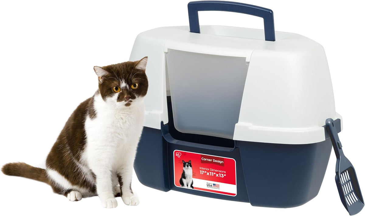 IRIS USA Large Front Door Cat Litter Box, Walk-in Entry - Corner Enclosed / Navy