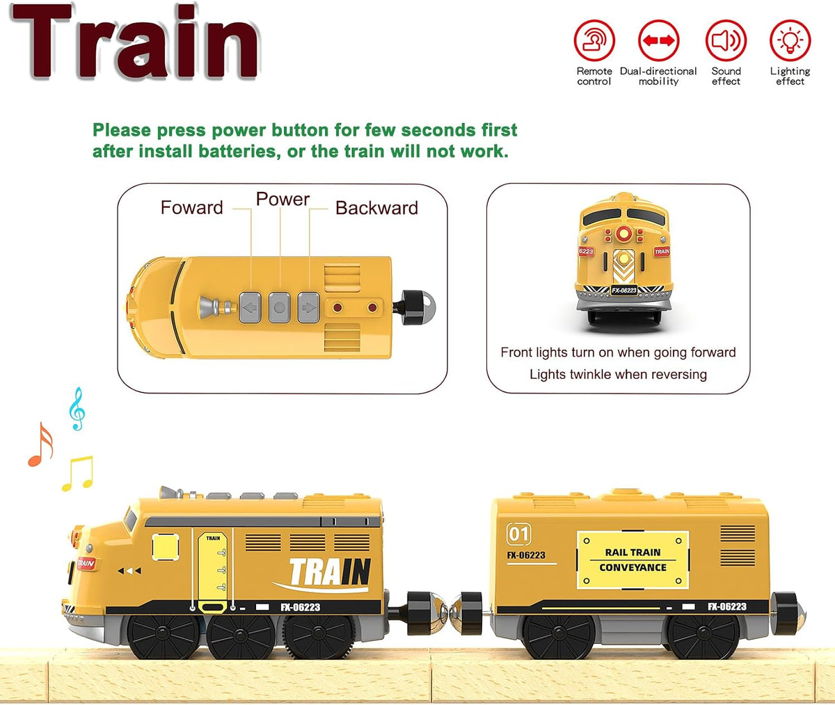 Motorized Train for Kids, Remote Control Locomotive Train Toy for Wooden Tracks, Battery Powered - Motorized Train - image 2