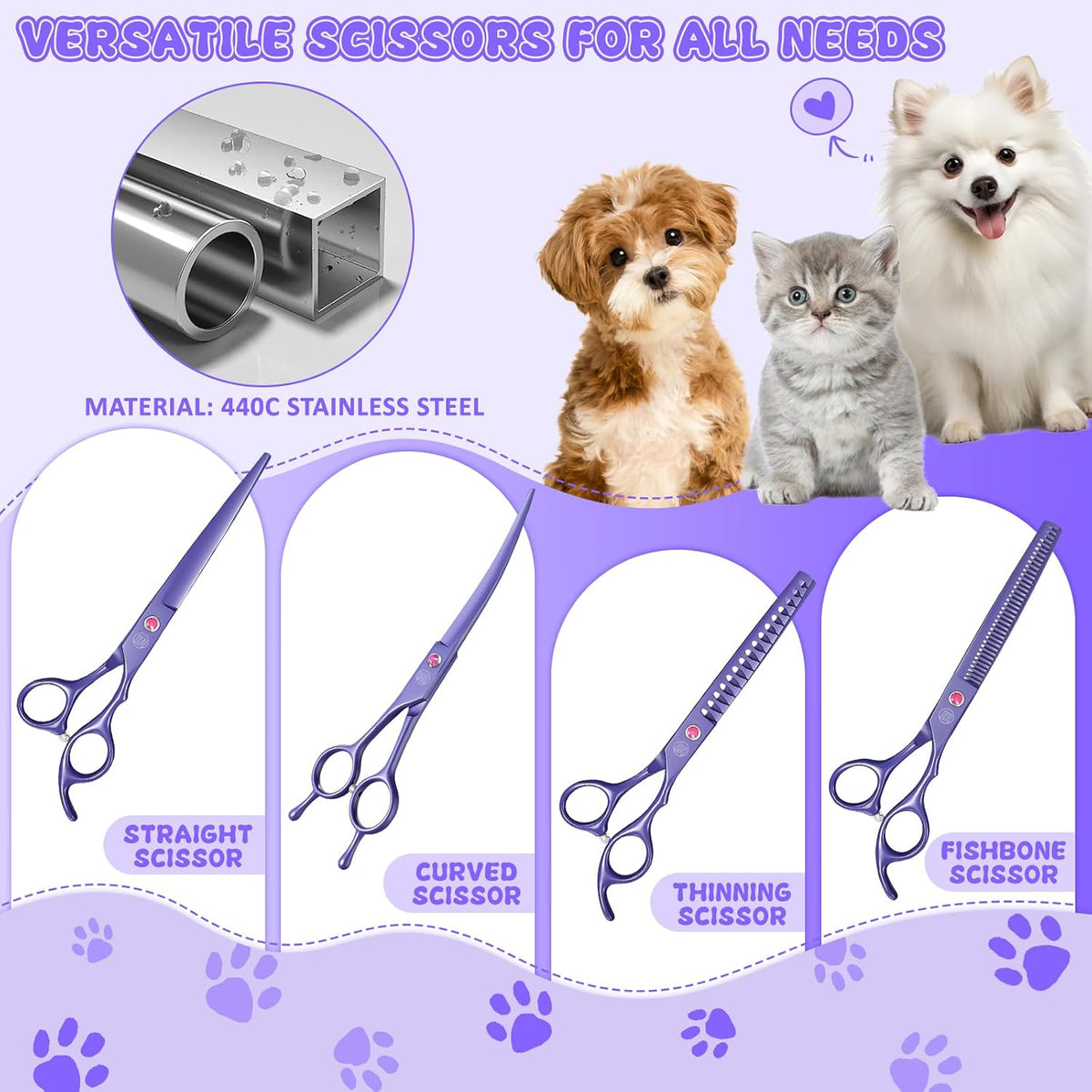 Professional Dog Grooming Scissors Set - 7 Inch (Pack of 5) / Purple - image 3