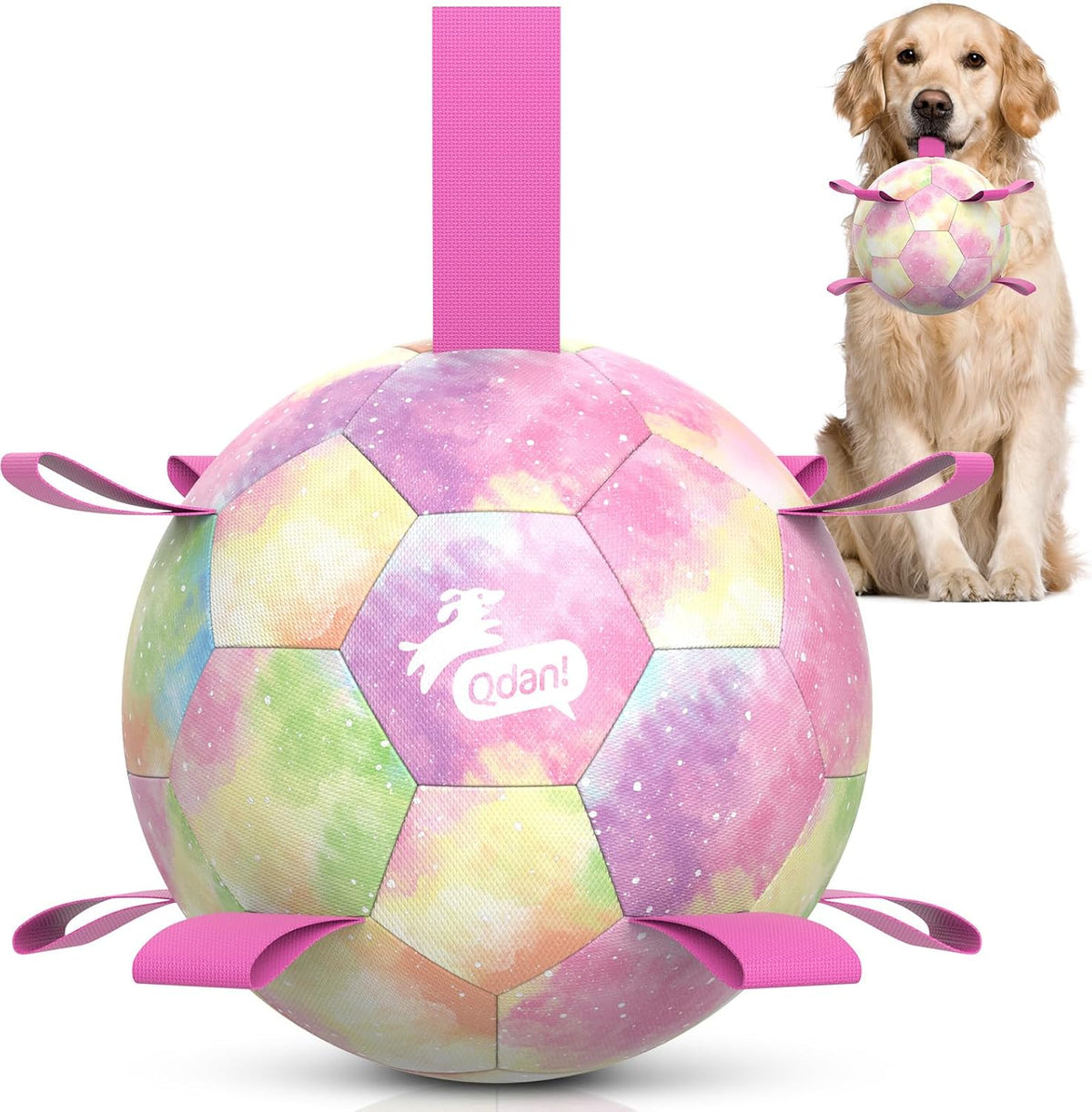 QDAN Dog Soccer Ball Toy with Strap - A-Colorful Pink / Large Size 3