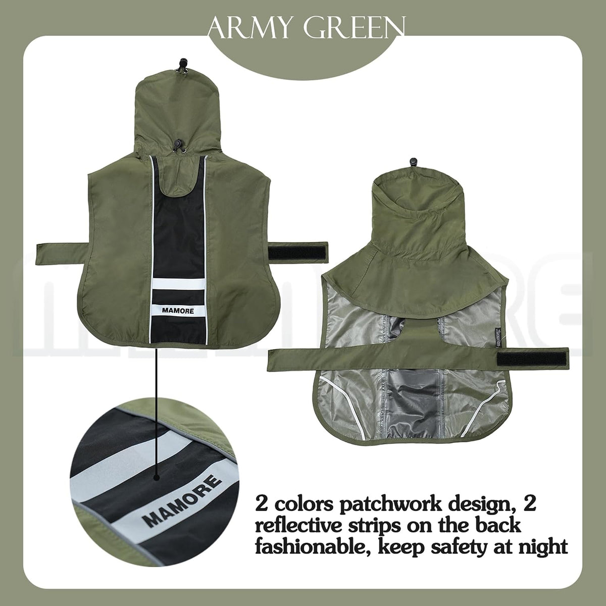 Waterproof Dog Raincoat with Reflective Strip - Medium / Army Green Black - image 3