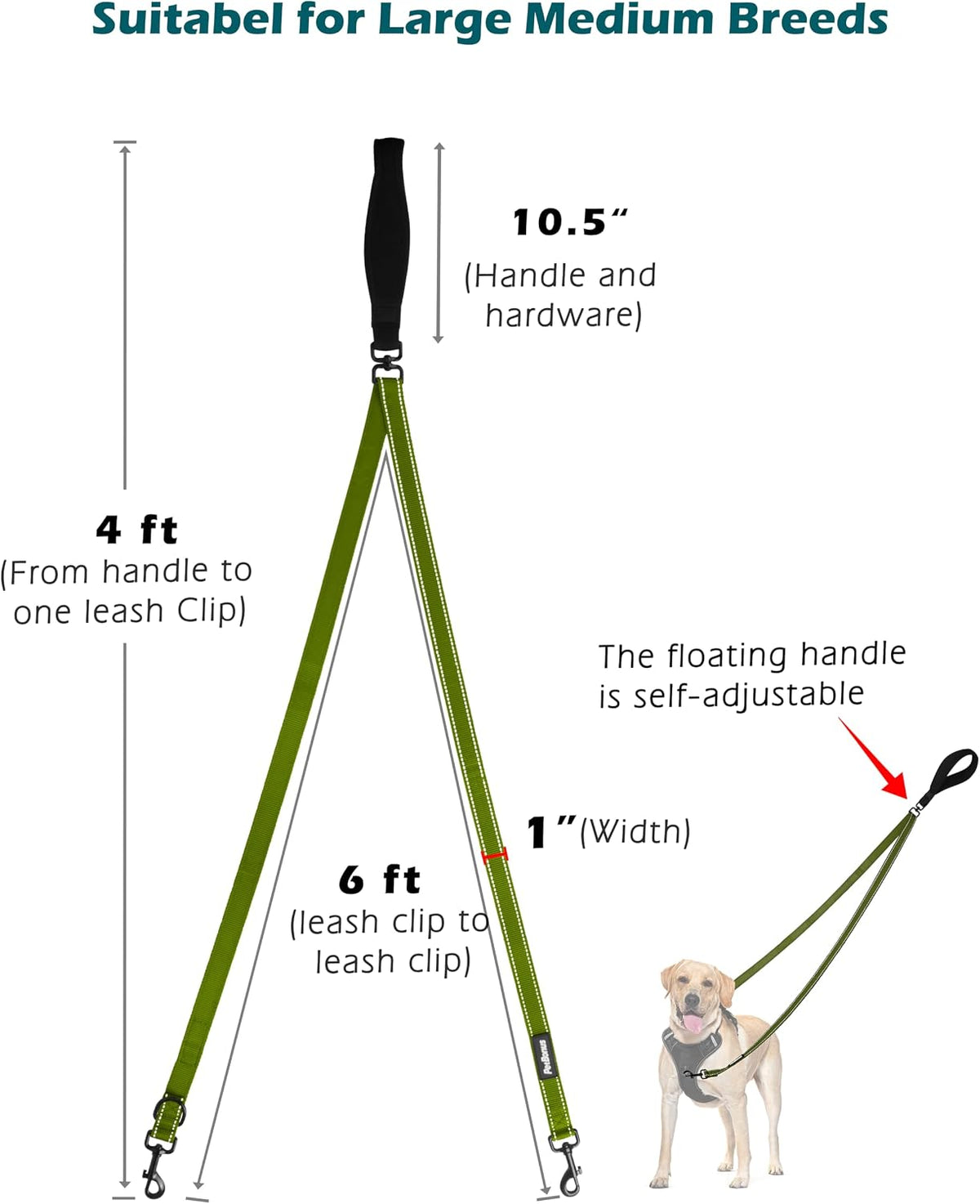 Two Point Control Dog Leash, No Tangle Training Walking Leashes – Essentials for Dogs - Khaki Green - image 4