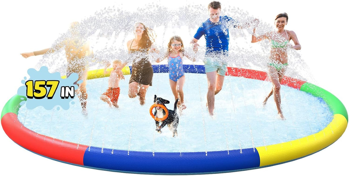 ODOSOLA large non-slip kids splash pad spraying water on a backyard lawn