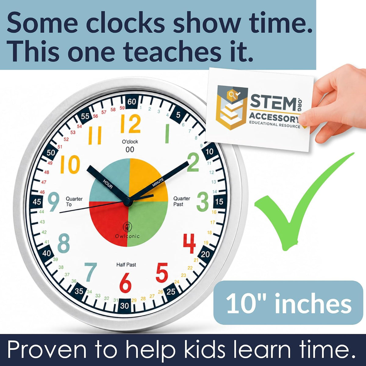OWLCONIC Kids Teaching Clock, Learning Clock, Silent 10in - Multicolor - image 2